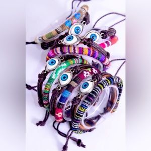 27222 Six Pack Leather Hamsa Evil Eye Aztec Macrame Wrap Bracelets Wholesale Lot